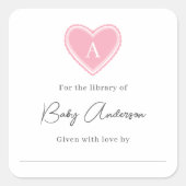 Baby shower boekenplaat monogram hart vierkante sticker (Voorkant)