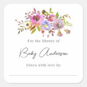 Baby shower boekenplaat roze waterverf bloemig vierkante sticker (Voorkant)