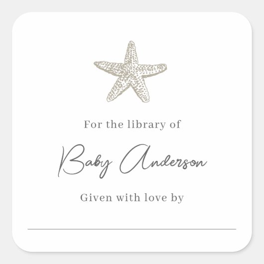 Baby shower boekenplaat zeester vierkante sticker (Voorkant)