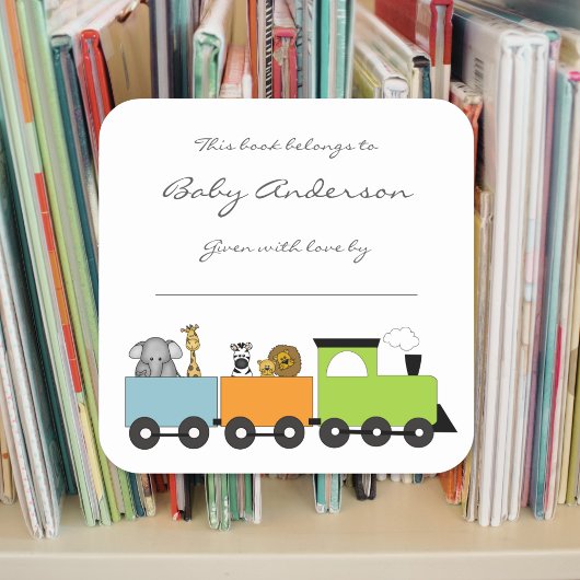 Baby shower Boekplaten / Safari Dierentrein Vierkante Sticker
