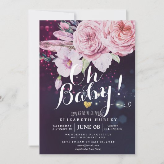 Baby Shower Boho Bloemendecoratie Veer Paars Bokeh Kaart (Voorkant)