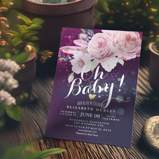 Baby Shower Boho Bloemendecoratie Veer Paars Bokeh Kaart