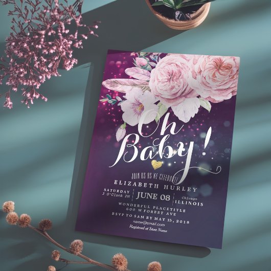 Baby Shower Boho Bloemendecoratie Veer Paars Bokeh Kaart
