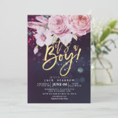 Baby shower Boho Floral Feather Paars Bokeh Light Kaart (Staand voorkant)