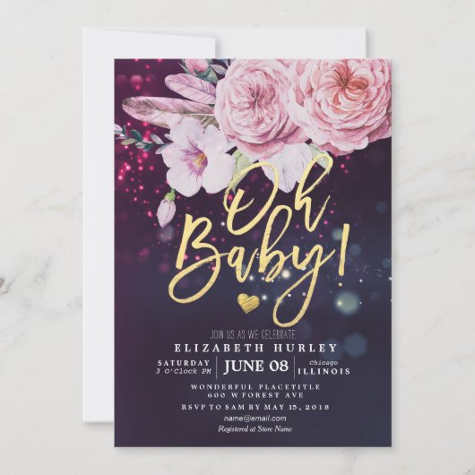Baby shower Boho Floral Feather Paars Bokeh Light Kaart (Voorkant)