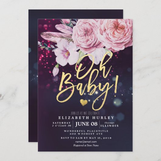 Baby shower Boho Floral Feather Paars Bokeh Light Kaart (Voorkant / Achterkant)