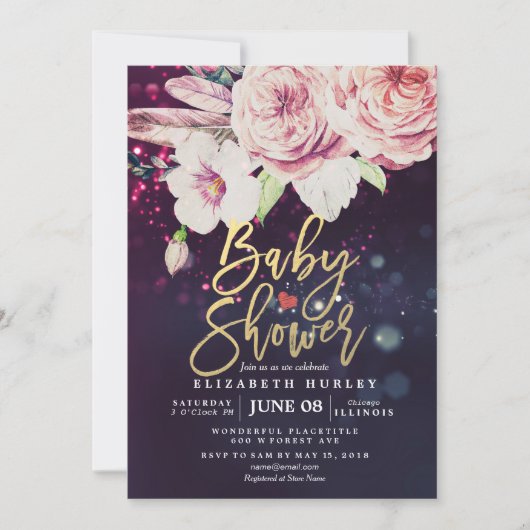 Baby shower Boho Floral Feather Paars Bokeh Light Kaart (Voorkant)