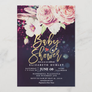 Baby shower Boho Floral Feather Paars Bokeh Light Kaart