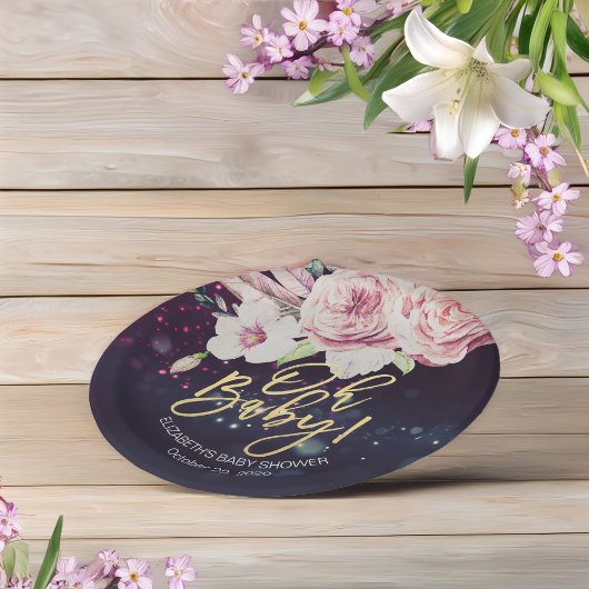 Baby shower Boho Floral Feather Paars Bokeh Light Papieren Bordje