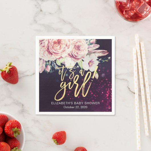 Baby shower Boho Floral Feather Paars Bokeh Light Servetten (Insitu)