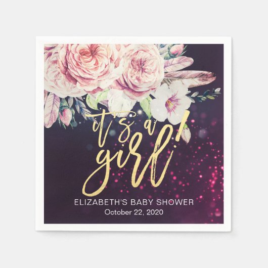 Baby shower Boho Floral Feather Paars Bokeh Light Servetten (Voorkant)