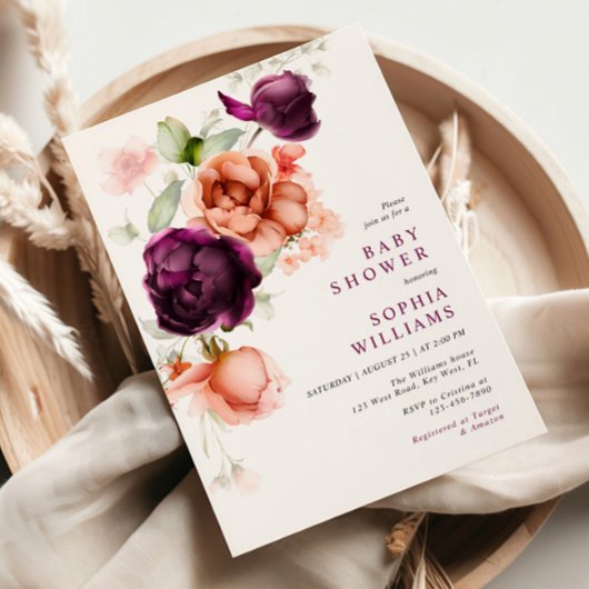 Baby shower Boho Paars & Peach Flowers Kaart