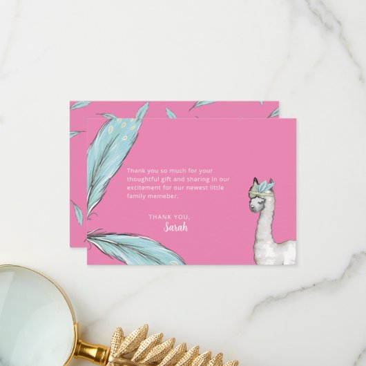 Baby shower Boho Pink Llama Feather bedankje Bedankkaart (Voorkant / Achterkant in situ)