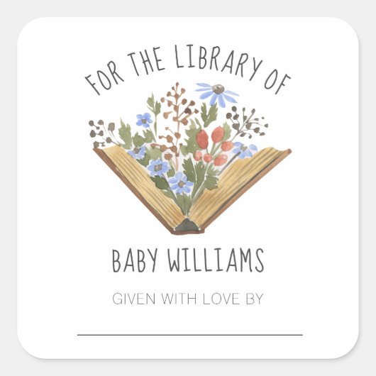 Baby shower Book Library Bookplaat Vierkante Sticker (Voorkant)