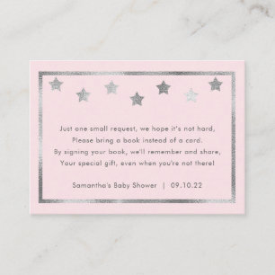 baby shower book request, blush roze zilversterren informatiekaartje