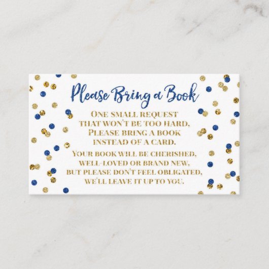 Baby shower Book Request Navy Blue Gold Confetti Informatiekaartje (Voorkant)