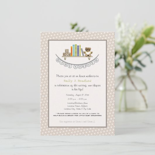 baby shower Book Thmed Unisex Invitation Kaart (Staand voorkant)