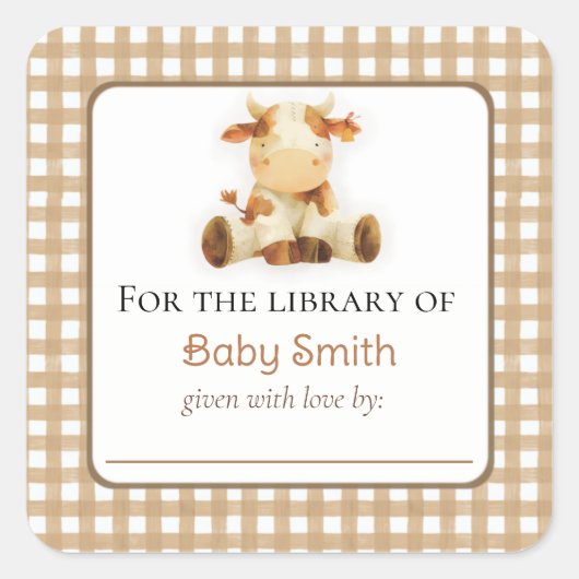 Baby shower Bookplate Sticker met pluche Koe (Voorkant)