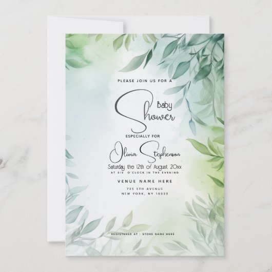 Baby shower- Bord Blauwgroen en groen blad Kaart (Voorkant)