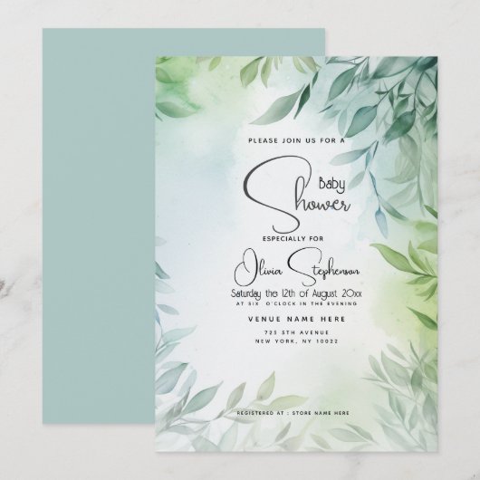 Baby shower- Bord Blauwgroen en groen blad Kaart (Voorkant / Achterkant)
