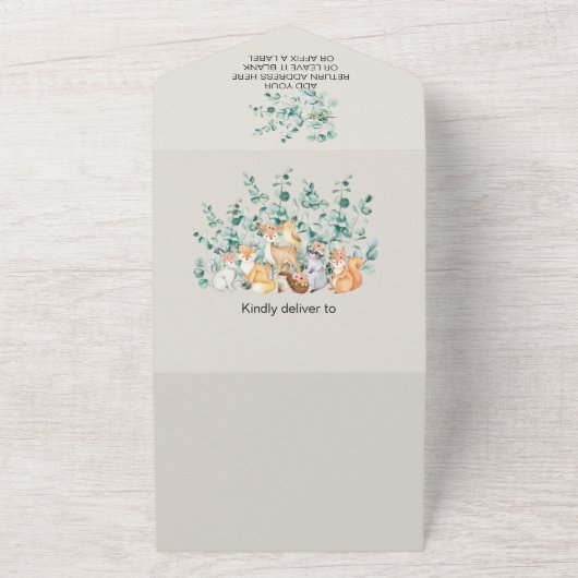 Baby shower bos bos groen wilde dieren all in one uitnodiging (Buitenkant)