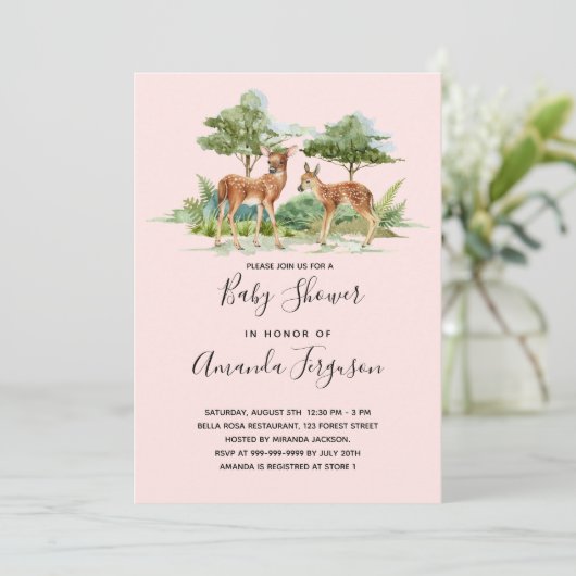 Baby shower bosbeboten herten blush kaart (Staand voorkant)