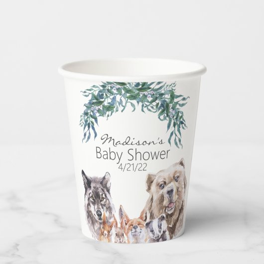Baby shower bosdieren Waterverf gebladerte Papieren Bekers (Achterkant)