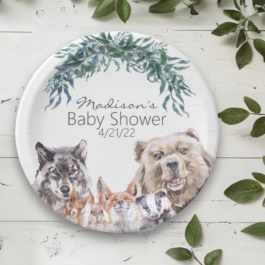 Baby shower bosdieren Waterverf gebladerte Papieren Bordje