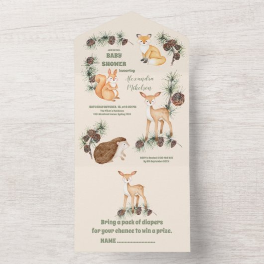 Baby shower bosvriendelijk bos en bos groen all in one uitnodiging (Binnen)