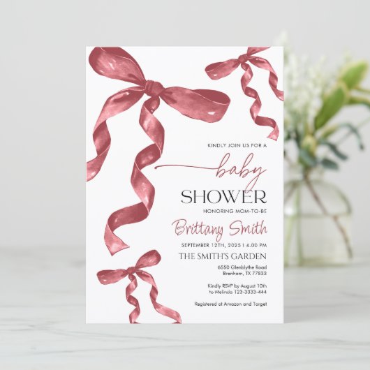 Baby shower Bourgogne Bow Invitation Kaart (Staand voorkant)