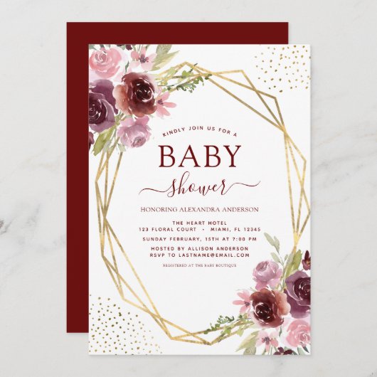 Baby shower Bourgogne Elegante Geometrische Bloeme Kaart (Voorkant / Achterkant)