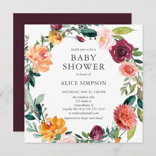 Baby shower Bourgondië Blush Roze Bloemkrans Kaart (Voorkant / Achterkant)