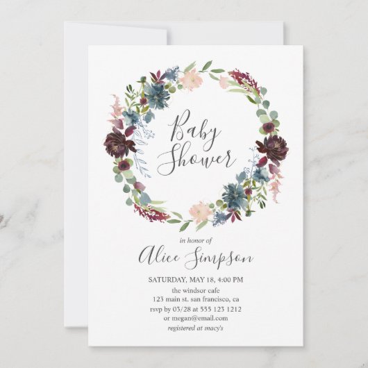 Baby shower Bourgondië en blauw handgeschreven let Kaart (Voorkant)