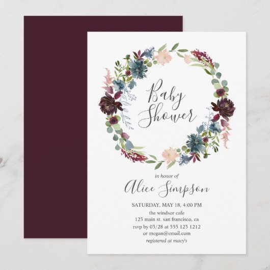 Baby shower Bourgondië en blauw handgeschreven let Kaart (Voorkant / Achterkant)