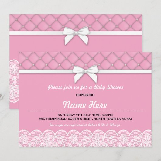 Baby shower Bow Lace Parels GirI Roze Tweeling Uit Kaart (Voorkant / Achterkant)