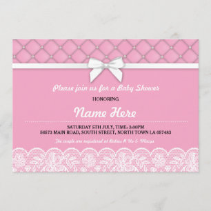baby shower Bow Lace Pearls GirI Roze Twins Invite Kaart