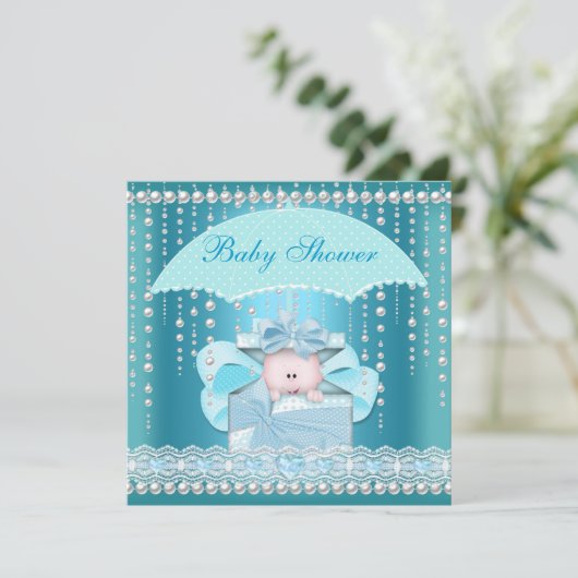 Baby shower Boy Baby Blue Pearl Umbrella Kaart (Staand voorkant)