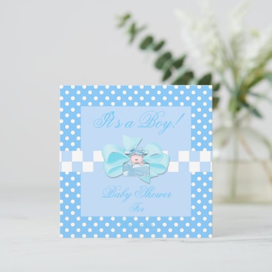 Baby shower Boy Baby Blue White Polka Dots Check Kaart (Staand voorkant)