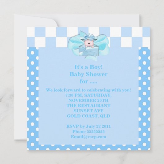 Baby shower Boy Baby Blue White Polka Dots Check Kaart (Achterkant)