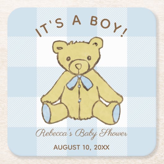 Baby shower Boy Beer met naam en datum Kartonnen Onderzetters (Voorkant)