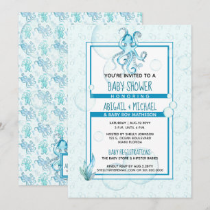 baby shower #Boy Blue & Blauwgroen Waterverf #Octo Kaart