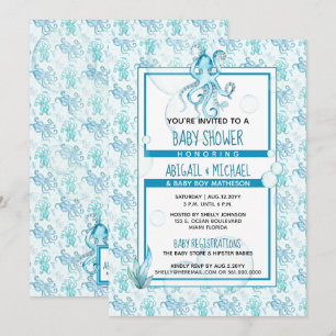 baby shower Boy Blue & Blauwgroen Waterverf Octopu Kaart