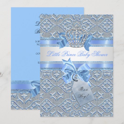 Baby shower Boy Blue Little Prince Crown 2 Kaart (Voorkant / Achterkant)
