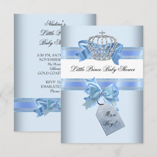 Baby shower Boy Blue Little Prince Crown bow smal Kaart (Voorkant / Achterkant)