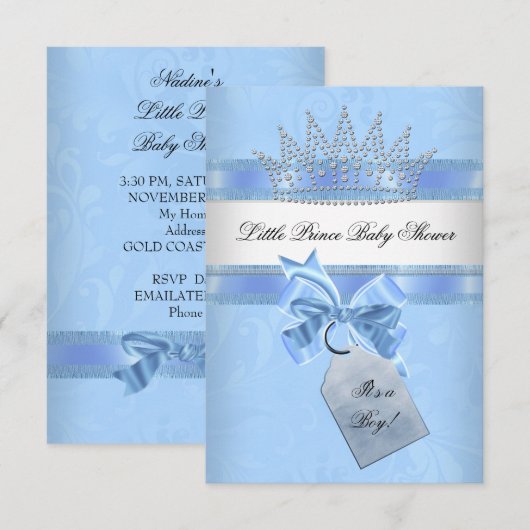Baby shower Boy Blue Little Prince Crown Damask Kaart (Voorkant / Achterkant)