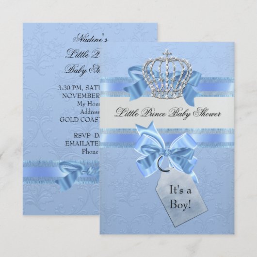 Baby shower Boy Blue Little Prince Crown SML Kaart (Voorkant / Achterkant)