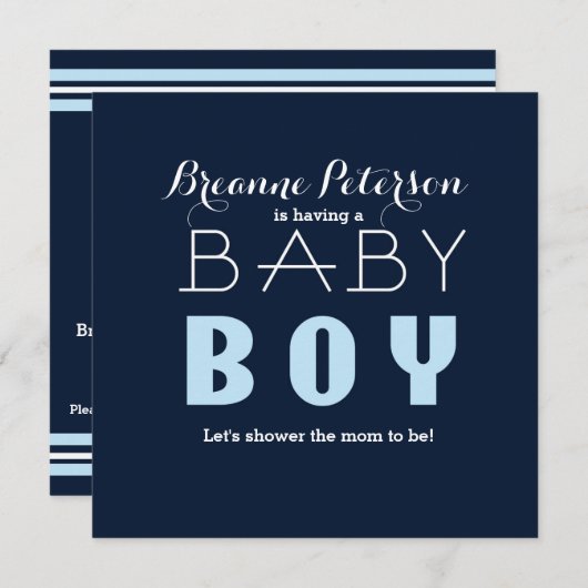 Baby shower BOY Blue Navy Modern Clean Invitation Kaart (Voorkant / Achterkant)