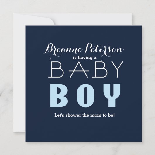 Baby shower BOY Blue Navy Modern Clean Invitation Kaart (Voorkant)