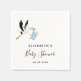 Baby shower boy blue stork name script servet