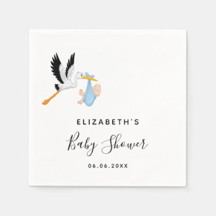 Baby shower boy blue stork name script servet